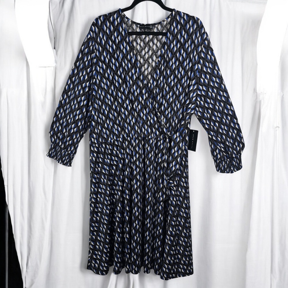 RYAN‎ WYTHE Wrap Midi Dress 3X Blue Black Geometric Print Long Sleeve Plus Size